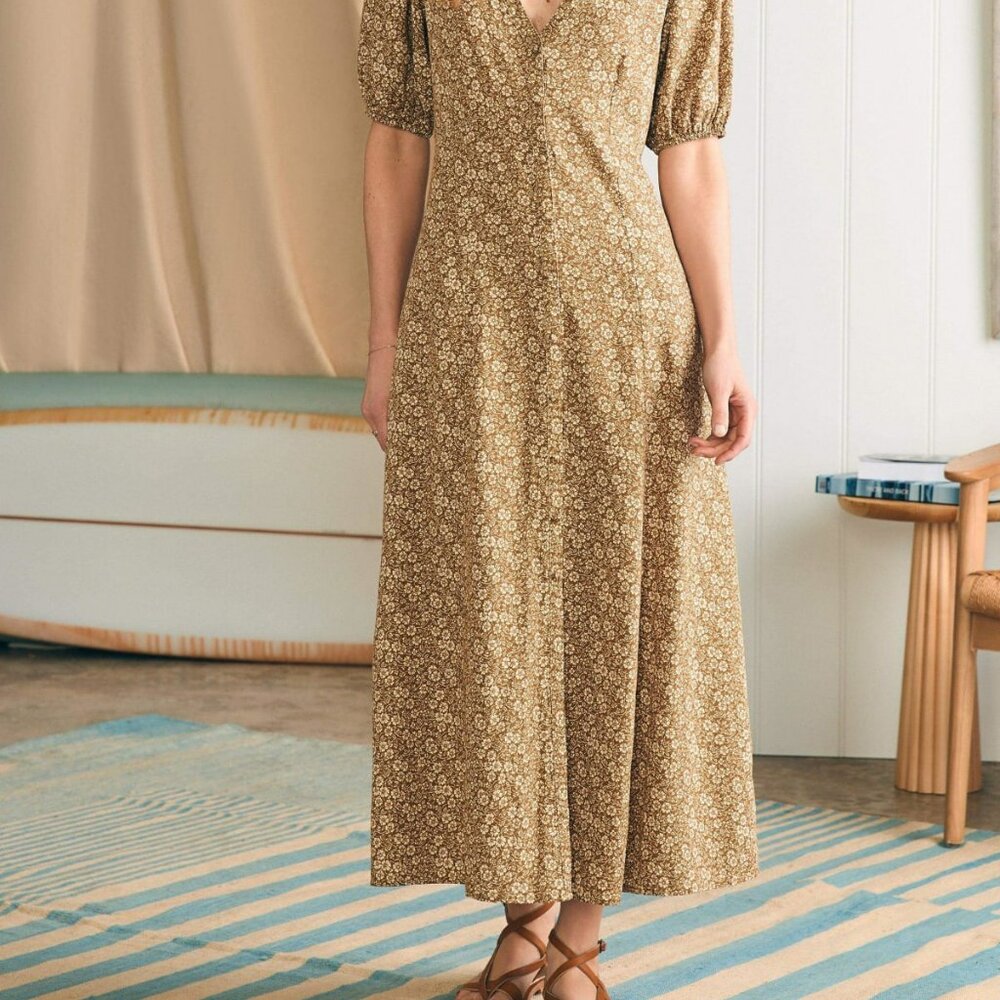 Faherty Tan Brown Havana Midi Dress Floral Puff Sleeve Prairie Cottage Boho (L)